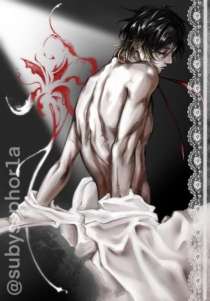 Personaje manga de de espaldas con alas rojas