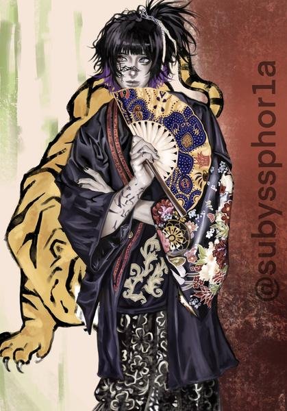 Personaje con kimono y tigre
